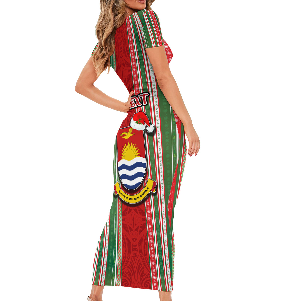 Custom Kiribati Christmas Short Sleeve Bodycon Dress Santa With Gift Bag Behind Ribbons Seamless Red Maori LT03 - Polynesian Pride
