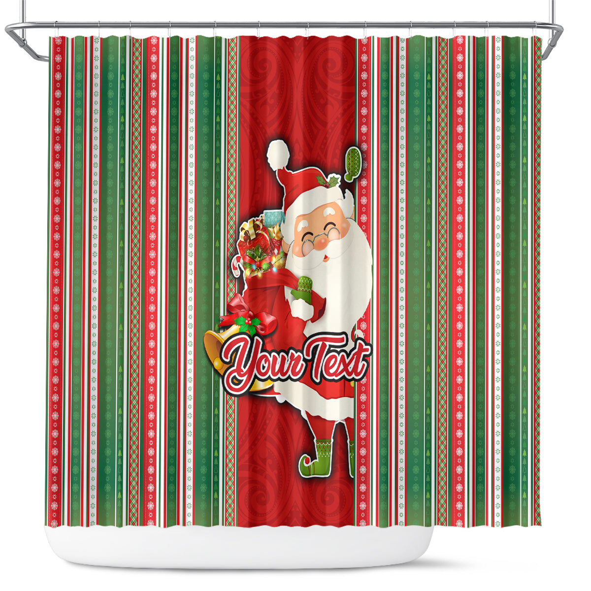 Custom Kiribati Christmas Shower Curtain Santa With Gift Bag Behind Ribbons Seamless Red Maori LT03 Red - Polynesian Pride