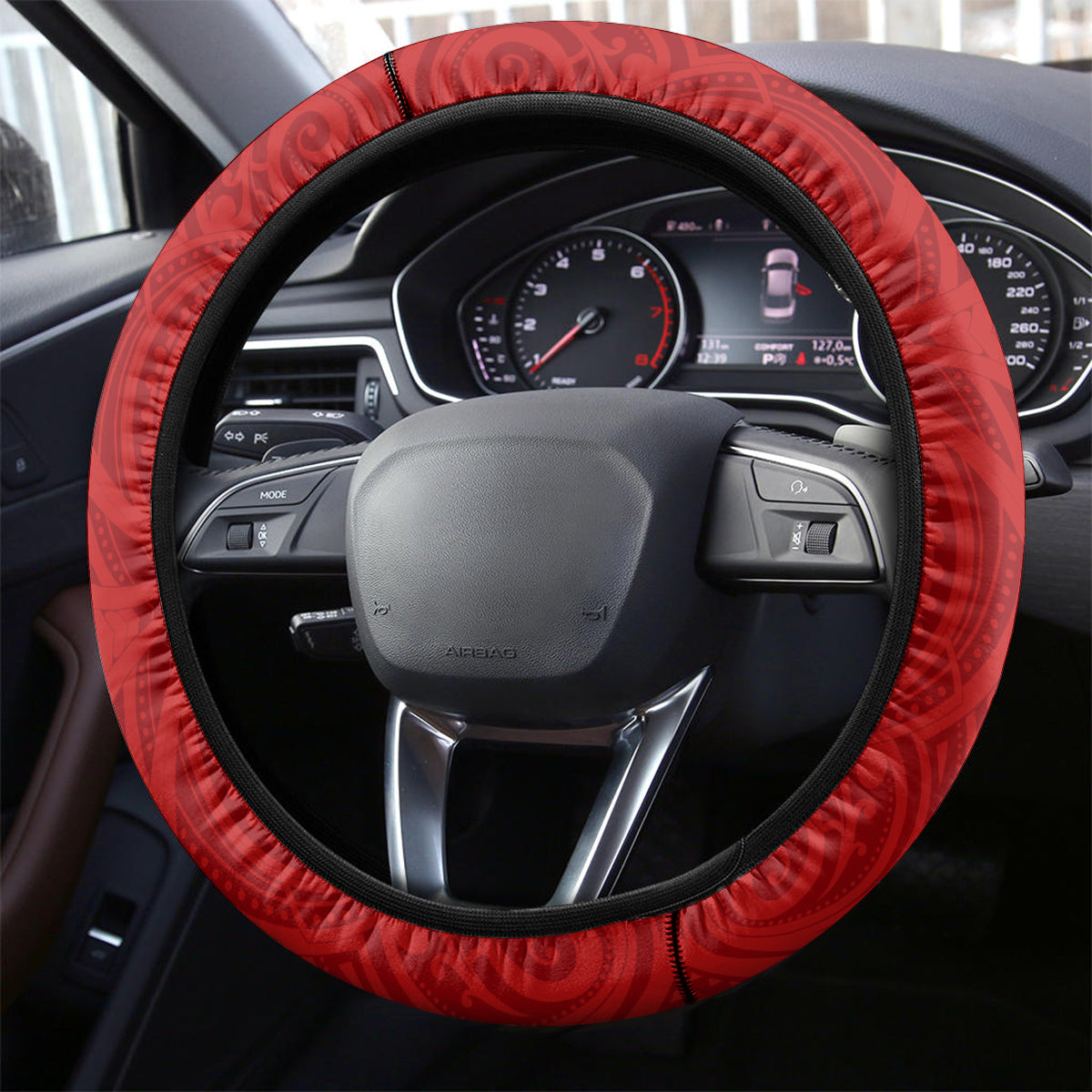 Kiribati Christmas Steering Wheel Cover Santa With Gift Bag Behind Ribbons Seamless Red Maori LT03 - Polynesian Pride