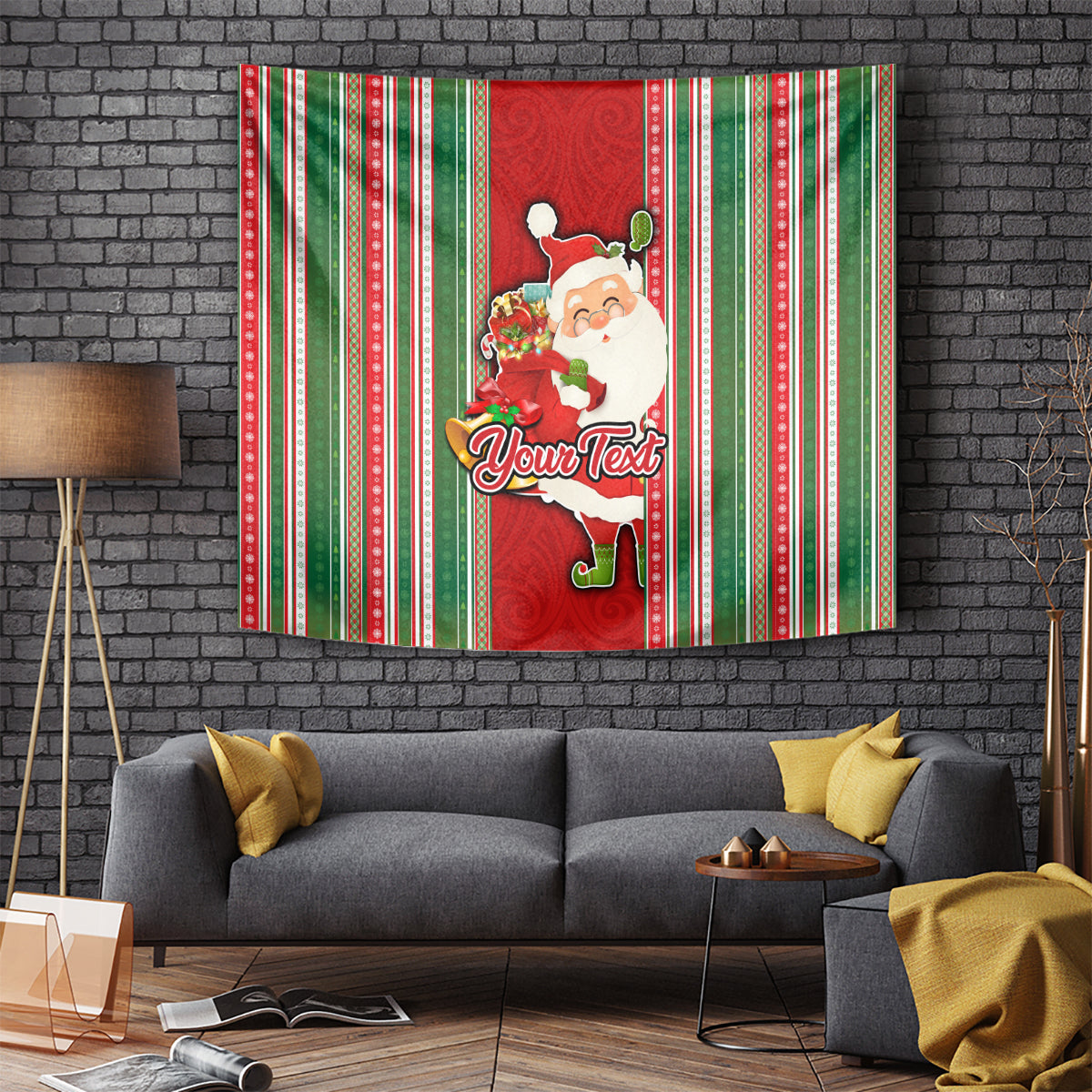 Custom Kiribati Christmas Tapestry Santa With Gift Bag Behind Ribbons Seamless Red Maori LT03 Red - Polynesian Pride