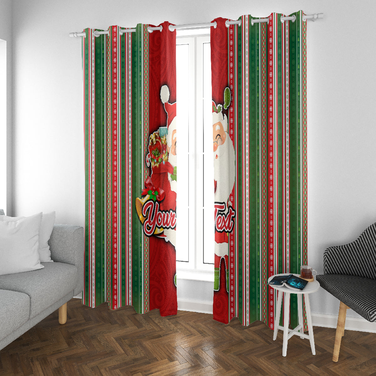 Custom Kiribati Christmas Window Curtain Santa With Gift Bag Behind Ribbons Seamless Red Maori LT03 With Grommets Red - Polynesian Pride