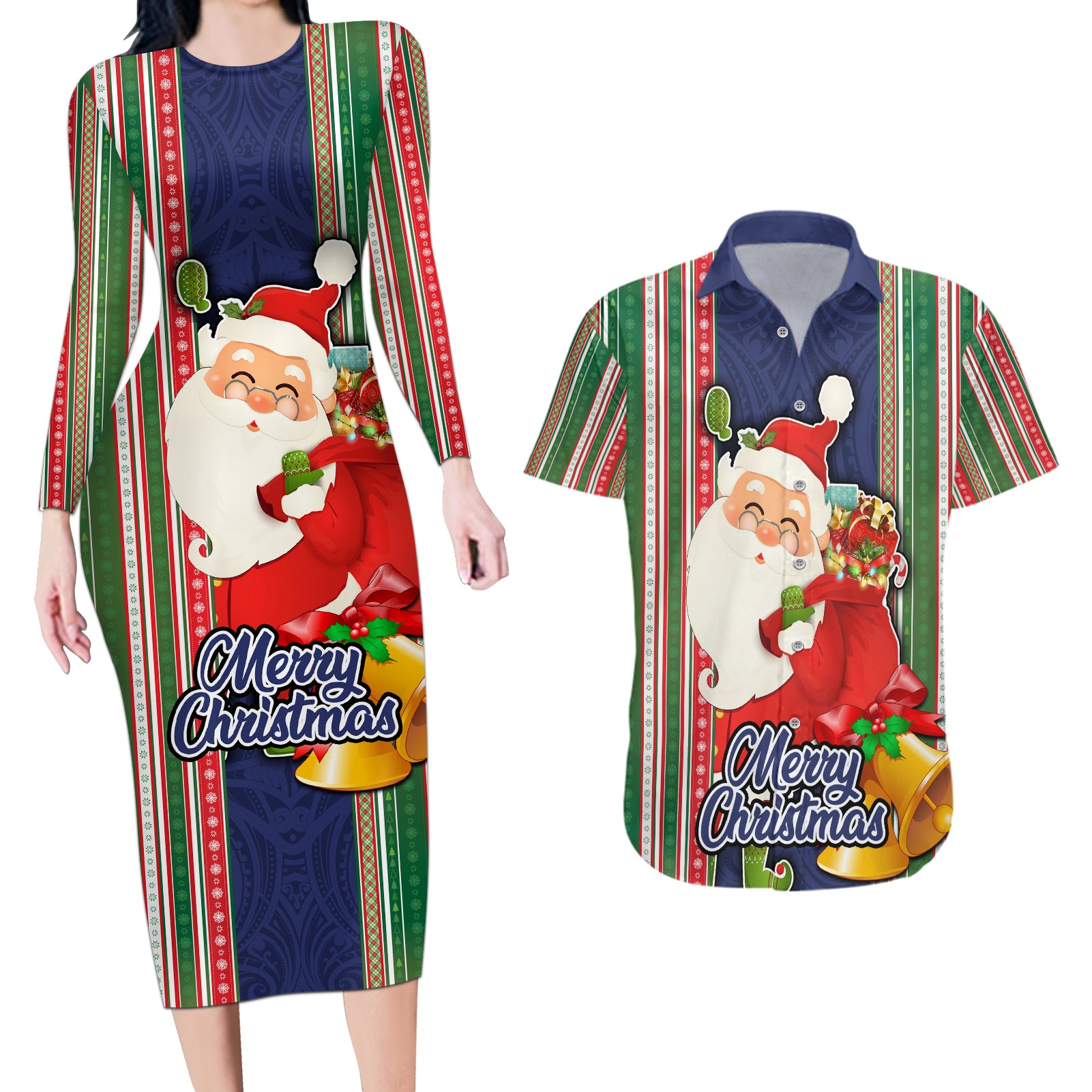 Kiribati Christmas Couples Matching Long Sleeve Bodycon Dress and Hawaiian Shirt Santa With Gift Bag Behind Ribbons Seamless Blue Maori LT03 Blue - Polynesian Pride