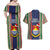 Kiribati Christmas Couples Matching Off Shoulder Maxi Dress and Hawaiian Shirt Santa With Gift Bag Behind Ribbons Seamless Blue Maori LT03 - Polynesian Pride