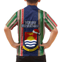 Kiribati Christmas Family Matching Long Sleeve Bodycon Dress and Hawaiian Shirt Santa With Gift Bag Behind Ribbons Seamless Blue Maori LT03 - Polynesian Pride