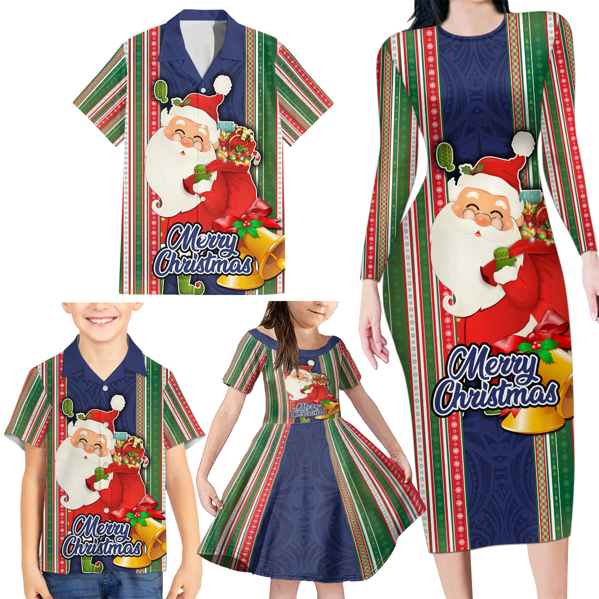 Kiribati Christmas Family Matching Long Sleeve Bodycon Dress and Hawaiian Shirt Santa With Gift Bag Behind Ribbons Seamless Blue Maori LT03 - Polynesian Pride