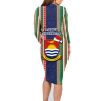 Kiribati Christmas Family Matching Long Sleeve Bodycon Dress and Hawaiian Shirt Santa With Gift Bag Behind Ribbons Seamless Blue Maori LT03 - Polynesian Pride