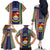 Kiribati Christmas Family Matching Off Shoulder Long Sleeve Dress and Hawaiian Shirt Santa With Gift Bag Behind Ribbons Seamless Blue Maori LT03 - Polynesian Pride