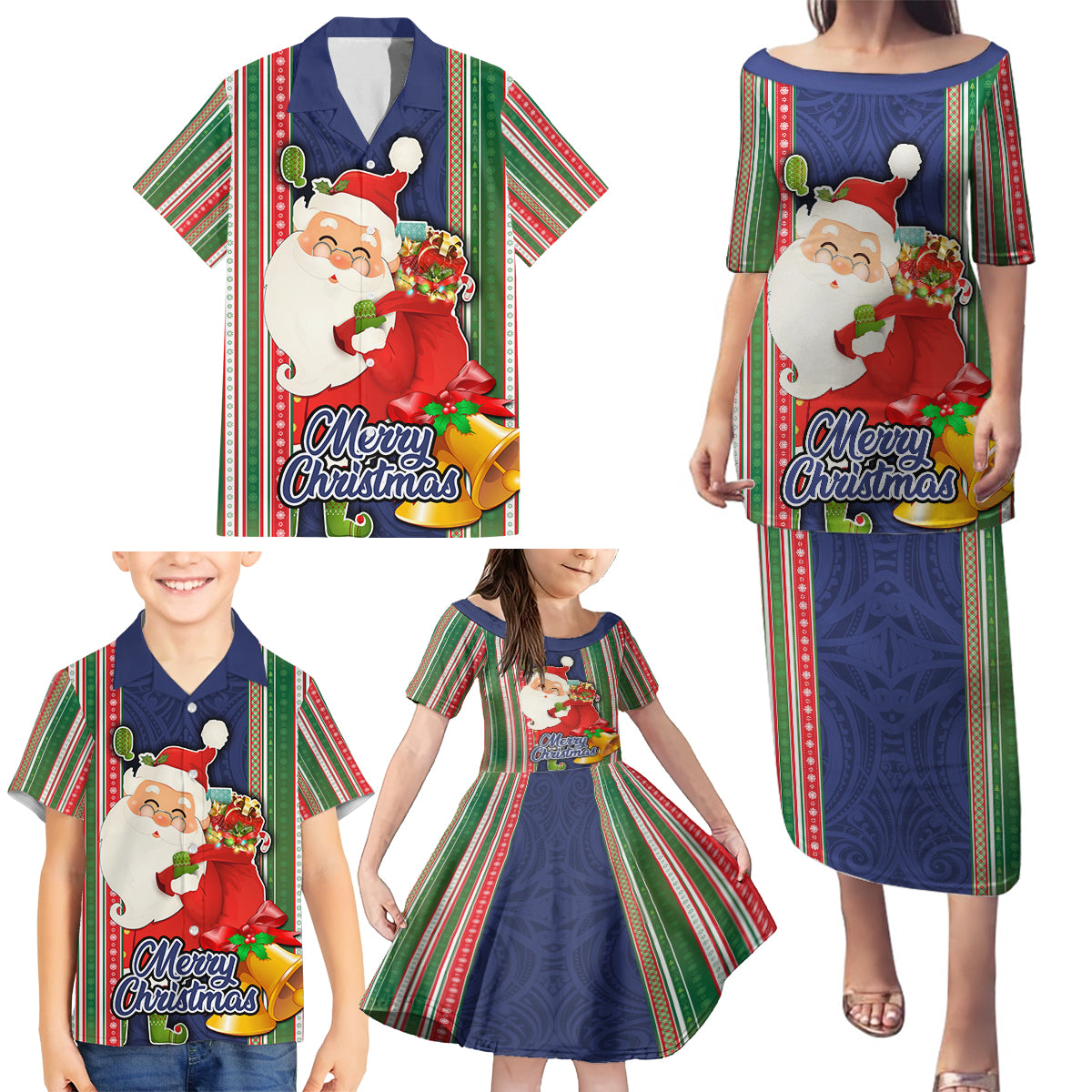 Kiribati Christmas Family Matching Puletasi Dress and Hawaiian Shirt Santa With Gift Bag Behind Ribbons Seamless Blue Maori LT03 - Polynesian Pride