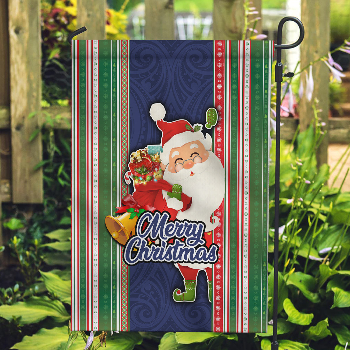 Kiribati Christmas Garden Flag Santa With Gift Bag Behind Ribbons Seamless Blue Maori LT03 Garden Flag Blue - Polynesian Pride