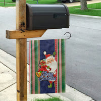 Kiribati Christmas Garden Flag Santa With Gift Bag Behind Ribbons Seamless Blue Maori LT03 - Polynesian Pride