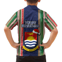 Kiribati Christmas Kid Hawaiian Shirt Santa With Gift Bag Behind Ribbons Seamless Blue Maori LT03 - Polynesian Pride