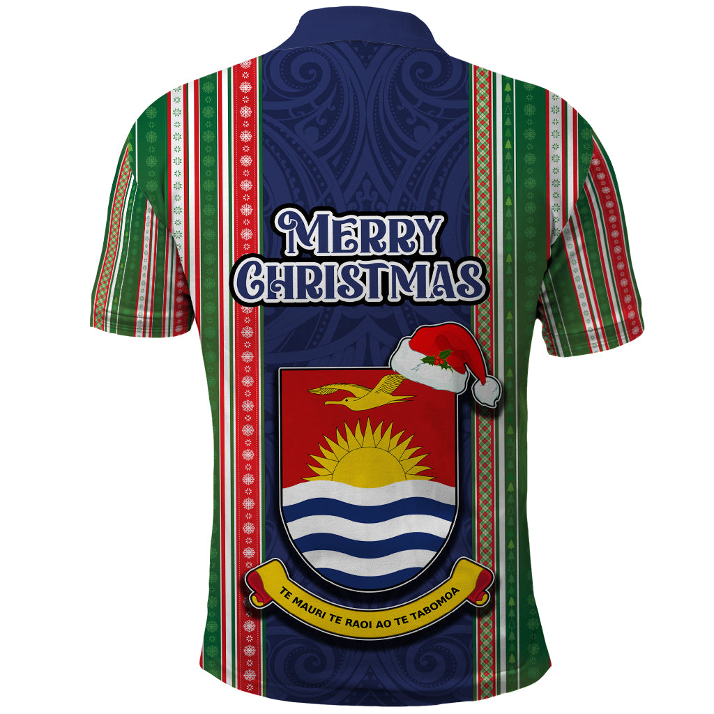 Kiribati Christmas Polo Shirt Santa With Gift Bag Behind Ribbons Seamless Blue Maori LT03 - Polynesian Pride