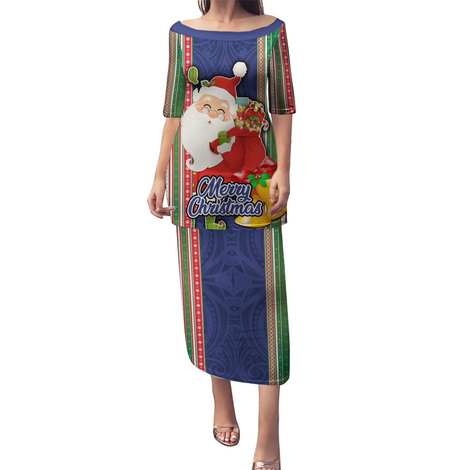 Kiribati Christmas Puletasi Santa With Gift Bag Behind Ribbons Seamless Blue Maori LT03 Long Dress Blue - Polynesian Pride