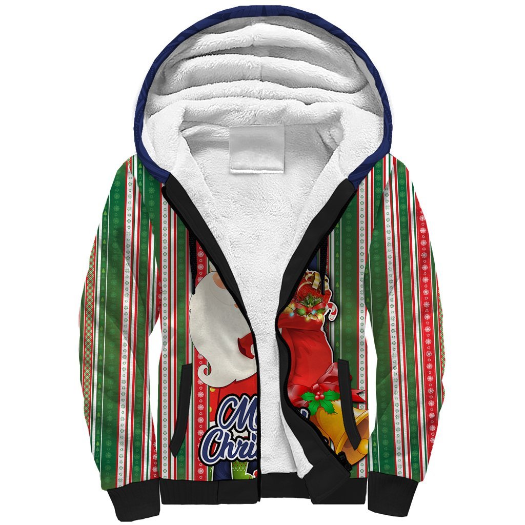 Kiribati Christmas Sherpa Hoodie Santa With Gift Bag Behind Ribbons Seamless Blue Maori LT03 Unisex Blue - Polynesian Pride