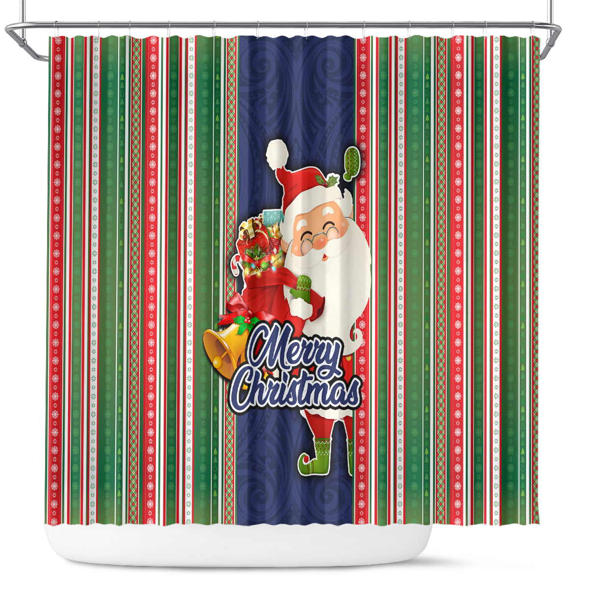 Kiribati Christmas Shower Curtain Santa With Gift Bag Behind Ribbons Seamless Blue Maori LT03 Blue - Polynesian Pride