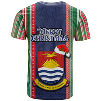 Kiribati Christmas T Shirt Santa With Gift Bag Behind Ribbons Seamless Blue Maori LT03 - Polynesian Pride