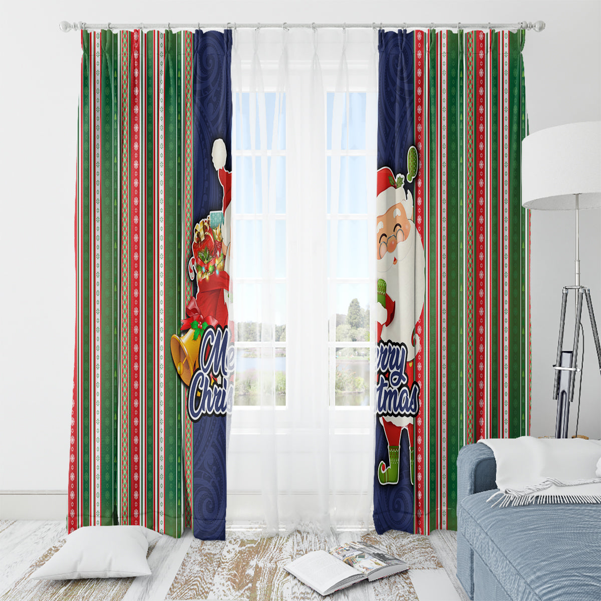 Kiribati Christmas Window Curtain Santa With Gift Bag Behind Ribbons Seamless Blue Maori LT03 - Polynesian Pride