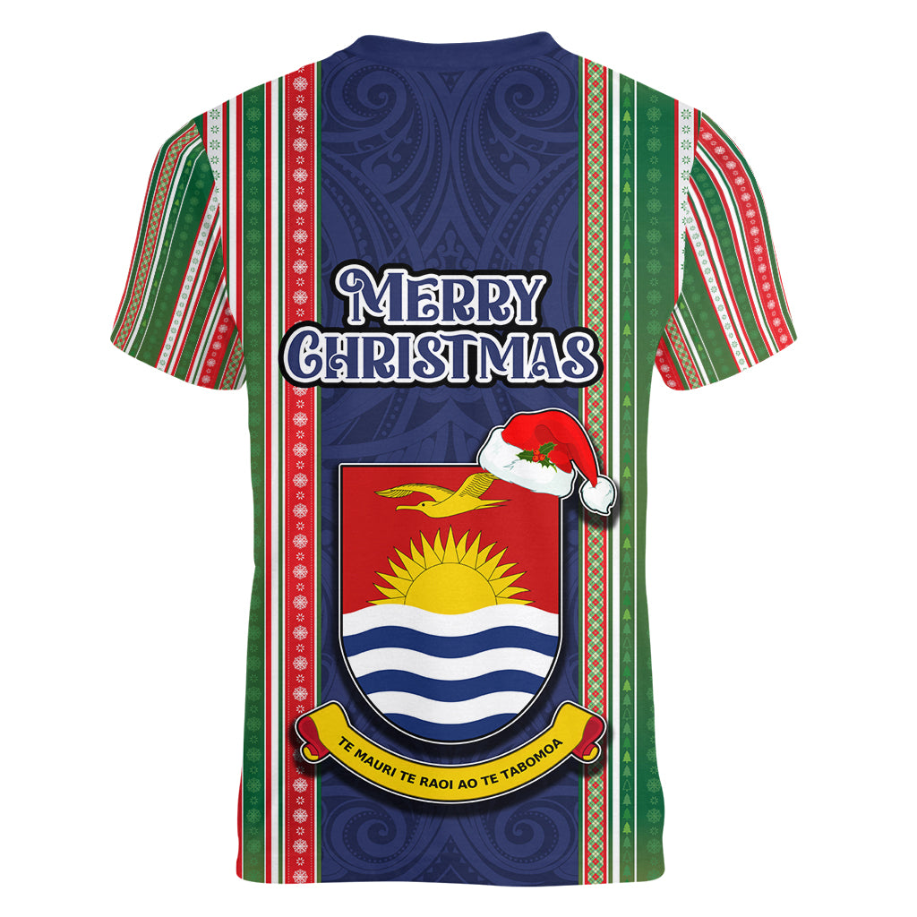 Kiribati Christmas Women V Neck T Shirt Santa With Gift Bag Behind Ribbons Seamless Blue Maori LT03 - Polynesian Pride