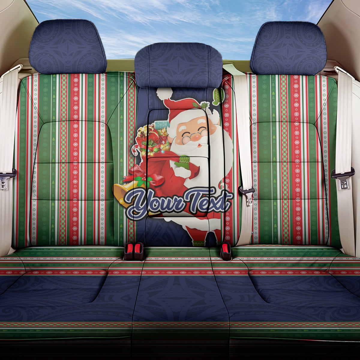 Custom Kiribati Christmas Back Car Seat Cover Santa With Gift Bag Behind Ribbons Seamless Blue Maori