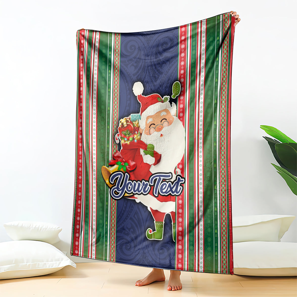 Custom Kiribati Christmas Blanket Santa With Gift Bag Behind Ribbons Seamless Blue Maori LT03 Blue - Polynesian Pride