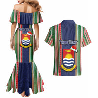 Custom Kiribati Christmas Couples Matching Mermaid Dress and Hawaiian Shirt Santa With Gift Bag Behind Ribbons Seamless Blue Maori LT03 - Polynesian Pride
