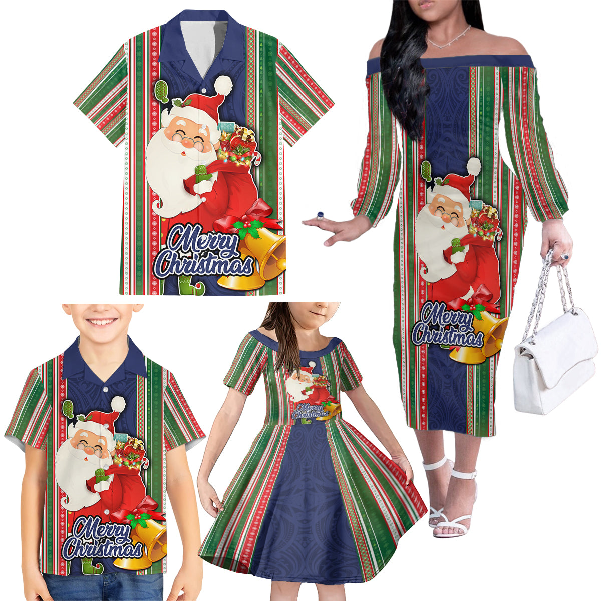 Custom Kiribati Christmas Family Matching Off Shoulder Long Sleeve Dress and Hawaiian Shirt Santa With Gift Bag Behind Ribbons Seamless Blue Maori LT03 - Polynesian Pride