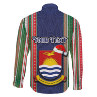 Custom Kiribati Christmas Family Matching Off Shoulder Long Sleeve Dress and Hawaiian Shirt Santa With Gift Bag Behind Ribbons Seamless Blue Maori LT03 - Polynesian Pride