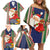 Custom Kiribati Christmas Family Matching Off Shoulder Short Dress and Hawaiian Shirt Santa With Gift Bag Behind Ribbons Seamless Blue Maori LT03 - Polynesian Pride