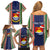 Custom Kiribati Christmas Family Matching Off Shoulder Short Dress and Hawaiian Shirt Santa With Gift Bag Behind Ribbons Seamless Blue Maori LT03 - Polynesian Pride