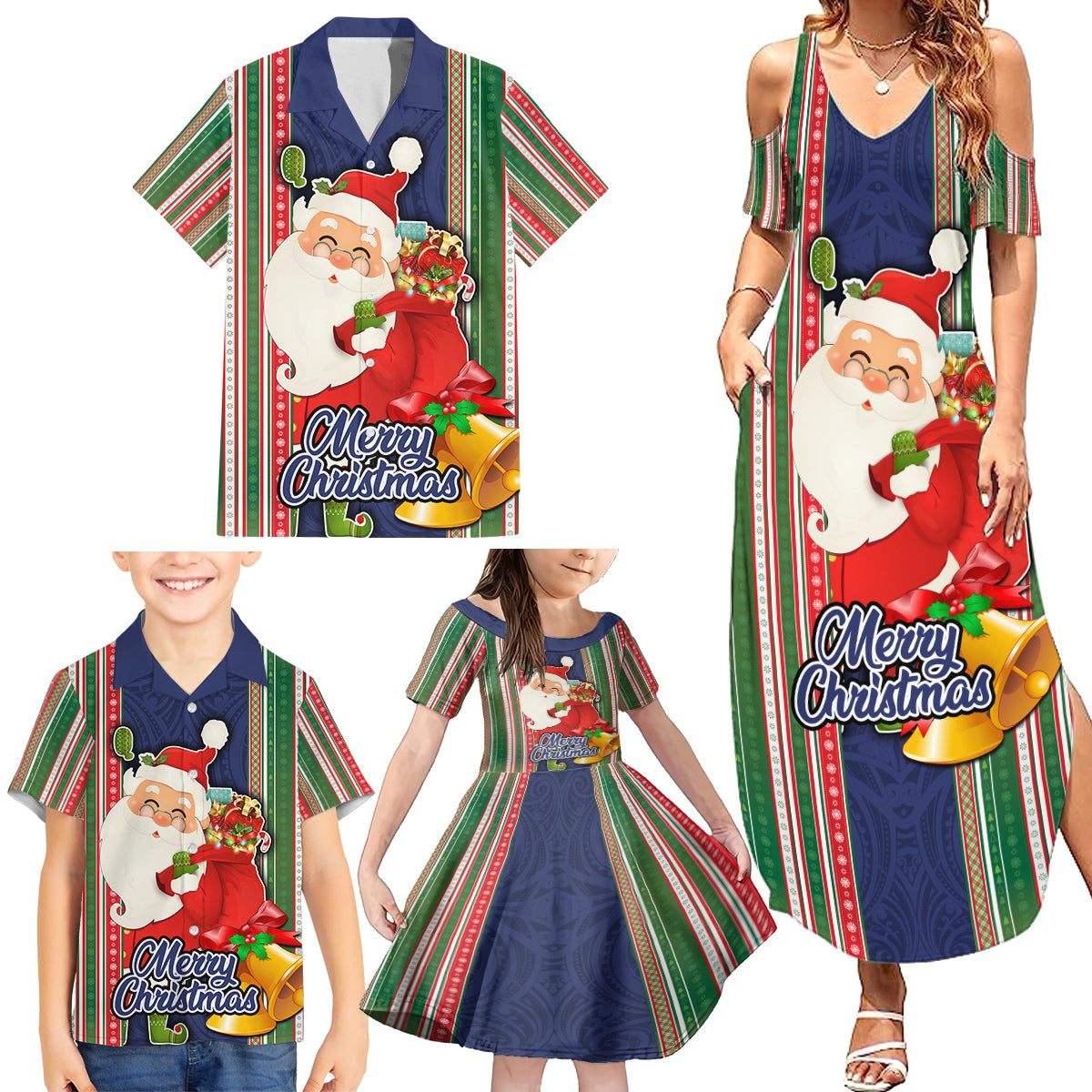 Custom Kiribati Christmas Family Matching Summer Maxi Dress and Hawaiian Shirt Santa With Gift Bag Behind Ribbons Seamless Blue Maori LT03 - Polynesian Pride