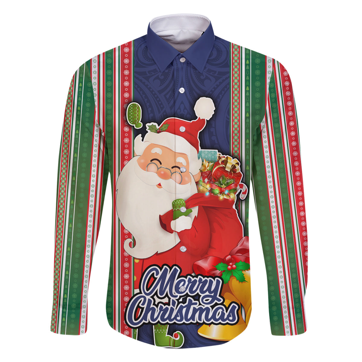 Custom Kiribati Christmas Family Matching Tank Maxi Dress and Hawaiian Shirt Santa With Gift Bag Behind Ribbons Seamless Blue Maori LT03 Dad's Shirt - Long Sleeve Blue - Polynesian Pride
