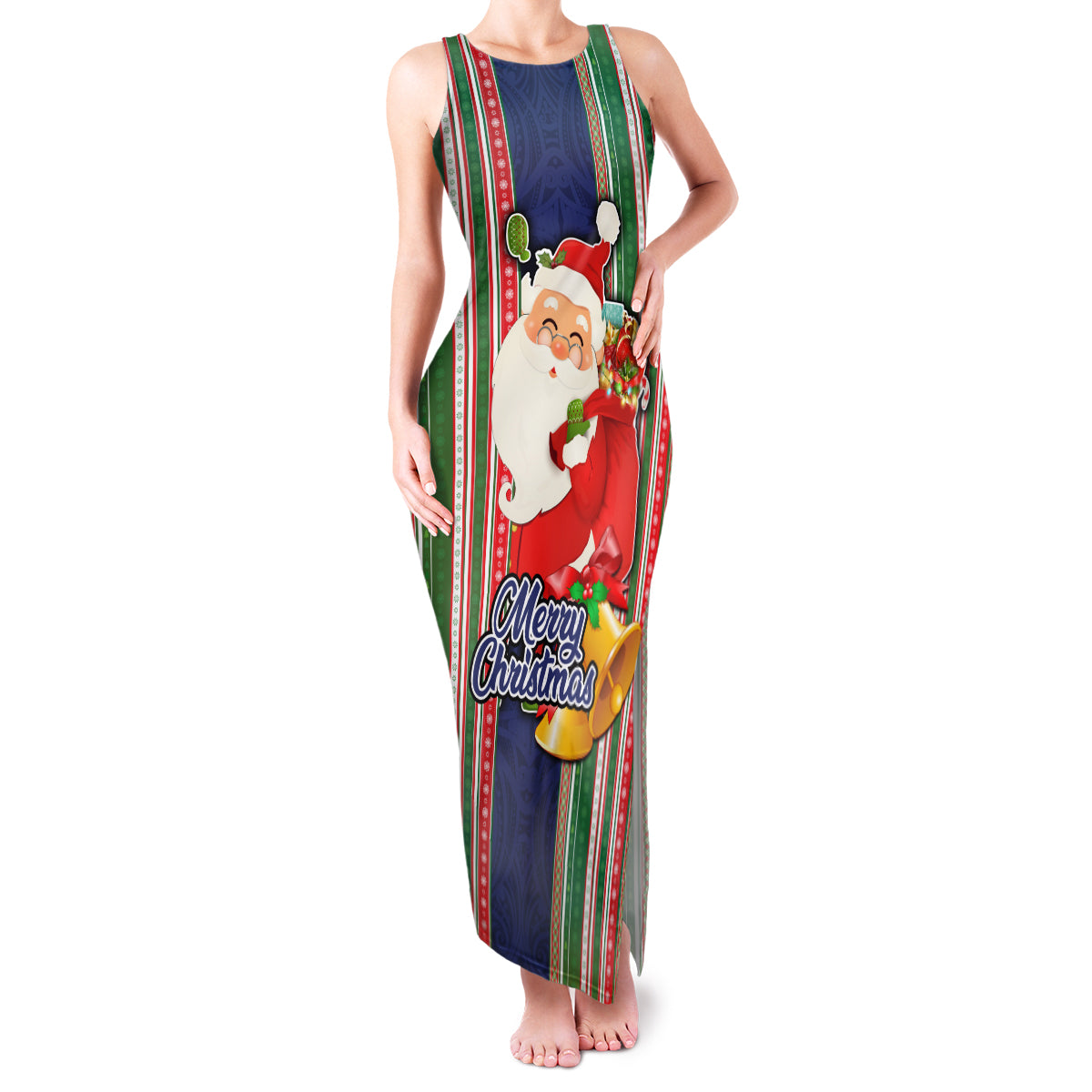 Custom Kiribati Christmas Family Matching Tank Maxi Dress and Hawaiian Shirt Santa With Gift Bag Behind Ribbons Seamless Blue Maori LT03 Mom's Dress Blue - Polynesian Pride