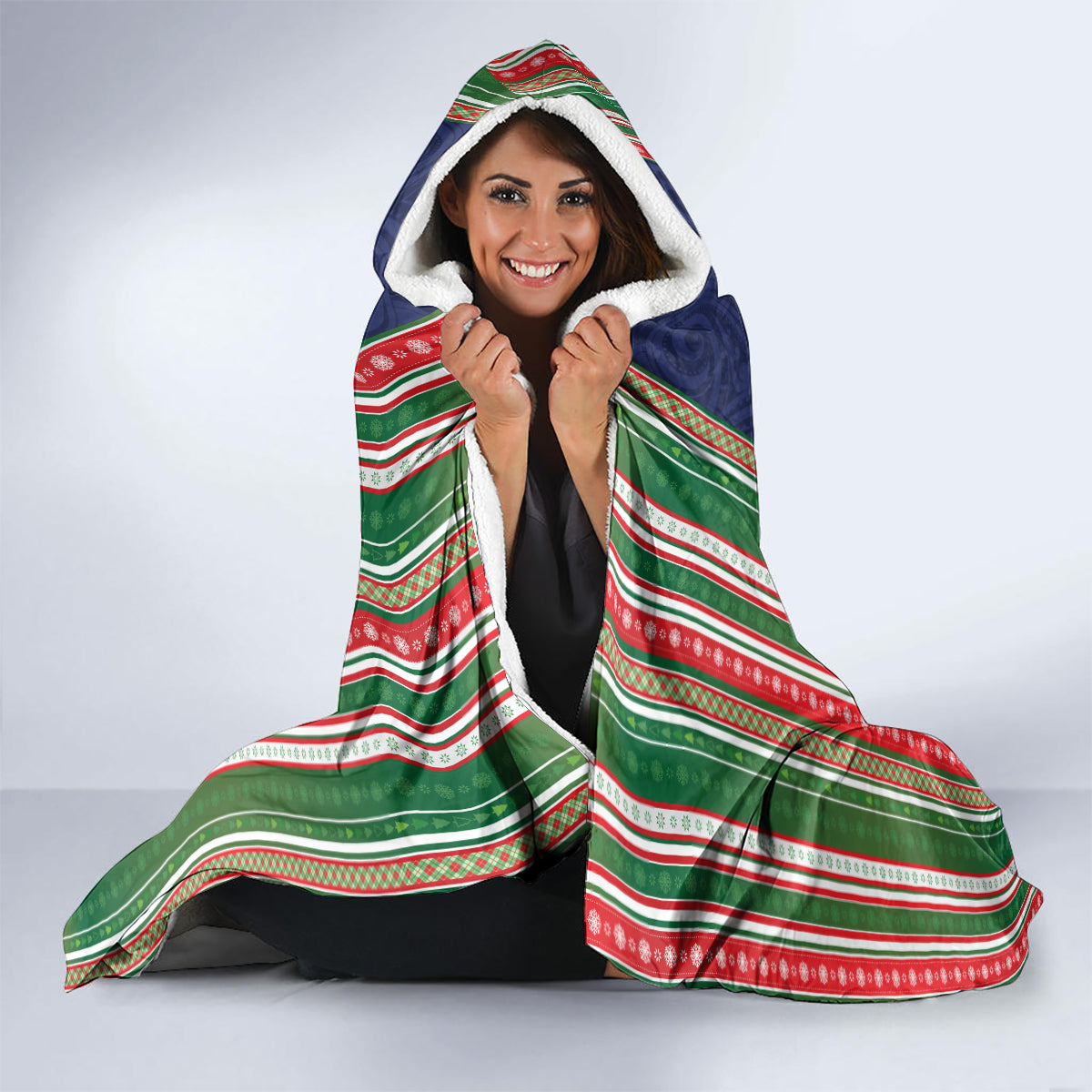 Custom Kiribati Christmas Hooded Blanket Santa With Gift Bag Behind Ribbons Seamless Blue Maori LT03 - Polynesian Pride