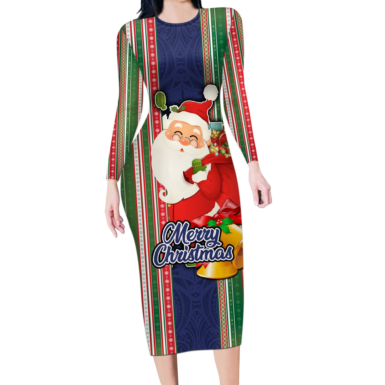 Custom Kiribati Christmas Long Sleeve Bodycon Dress Santa With Gift Bag Behind Ribbons Seamless Blue Maori LT03 Long Dress Blue - Polynesian Pride