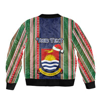Custom Kiribati Christmas Sleeve Zip Bomber Jacket Santa With Gift Bag Behind Ribbons Seamless Blue Maori LT03 - Polynesian Pride