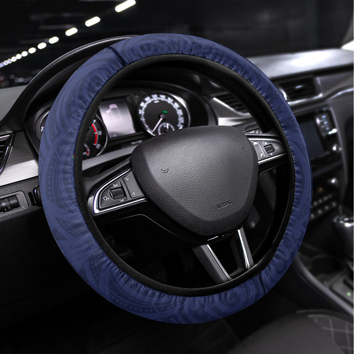 Kiribati Christmas Steering Wheel Cover Santa With Gift Bag Behind Ribbons Seamless Blue Maori LT03 Universal Fit Blue - Polynesian Pride