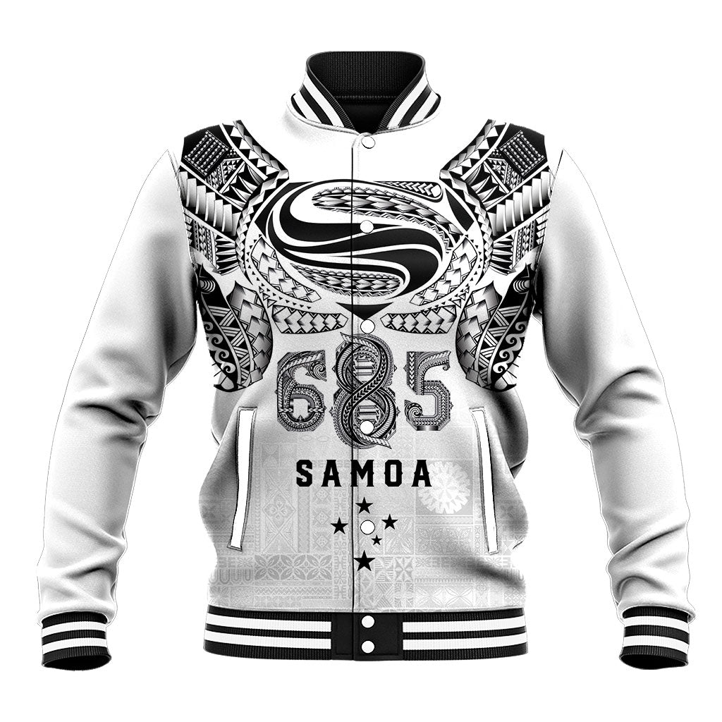 Super Samoa 685 Tribal Tattoo Baseball Jacket Siapo Pattern White Edition