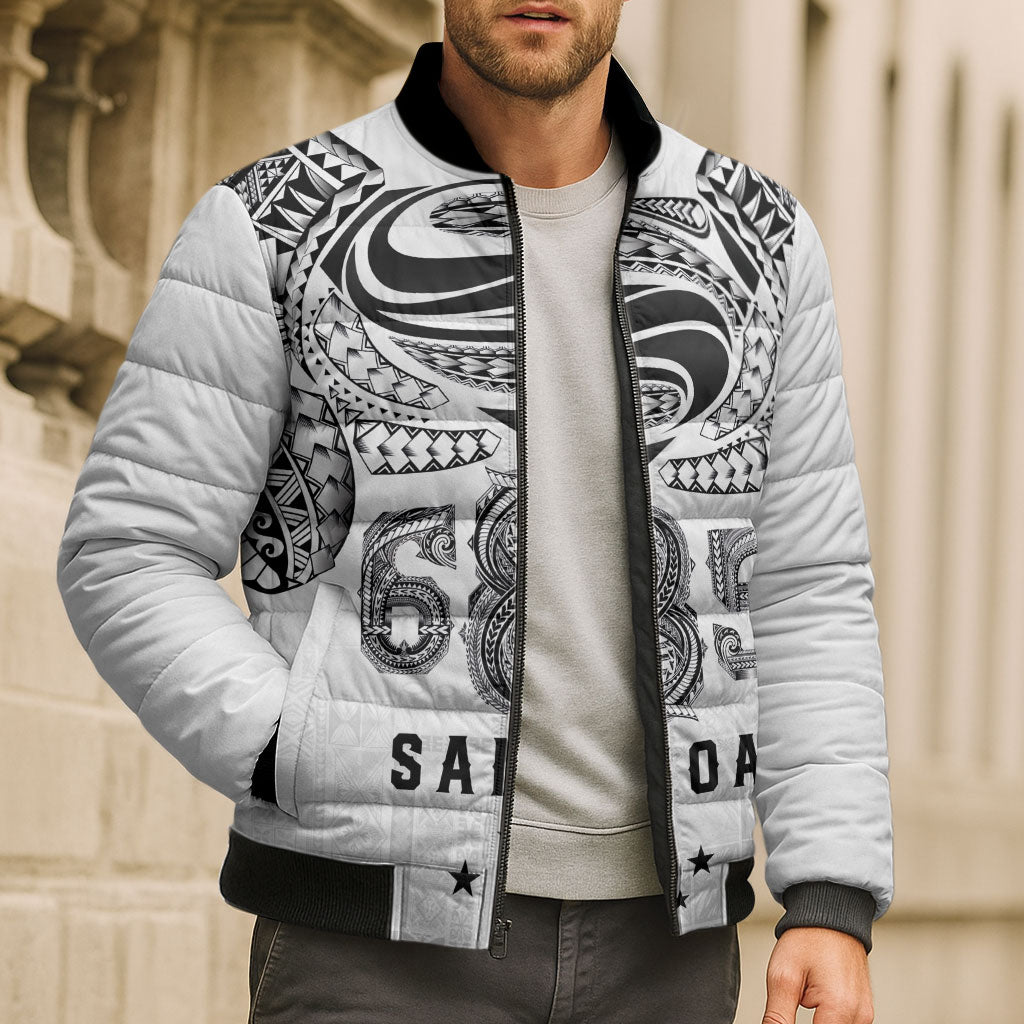 Super Samoa 685 Tribal Tattoo Bomber Puffer Jacket Siapo Pattern White Edition LT03 - Polynesian Pride