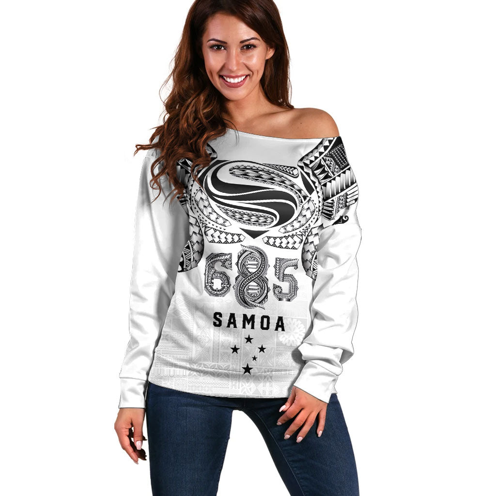 Super Samoa 685 Tribal Tattoo Off Shoulder Sweater Siapo Pattern White Edition LT03 Women White - Polynesian Pride