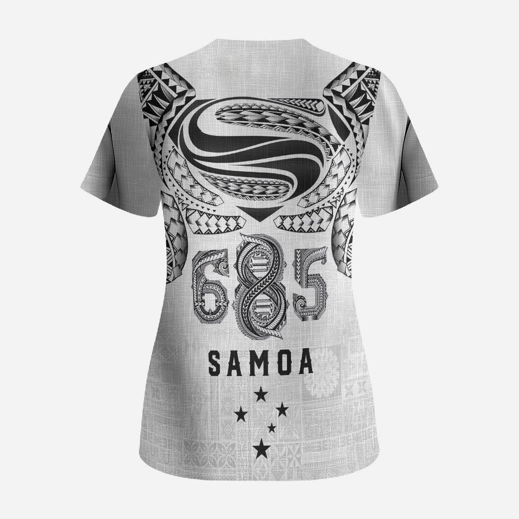 Super Samoa 685 Tribal Tattoo Scrub Top Siapo Pattern White Edition LT03 - Polynesian Pride