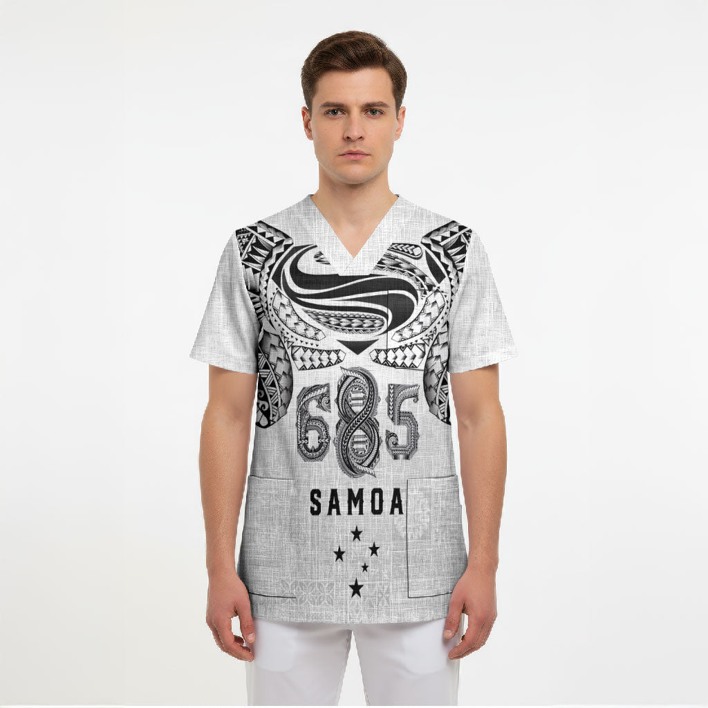 Super Samoa 685 Tribal Tattoo Scrub Top Siapo Pattern White Edition LT03 - Polynesian Pride
