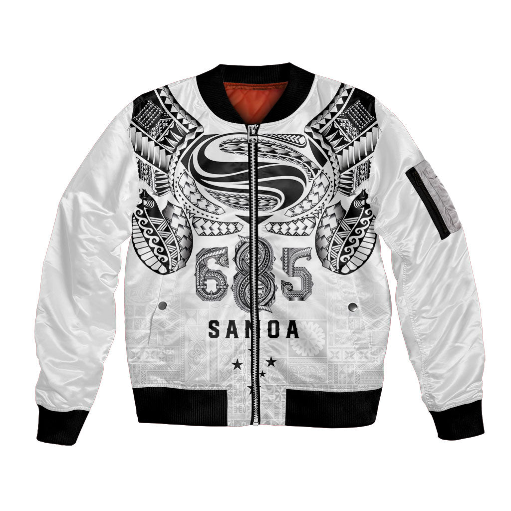 Super Samoa 685 Tribal Tattoo Sleeve Zip Bomber Jacket Siapo Pattern White Edition