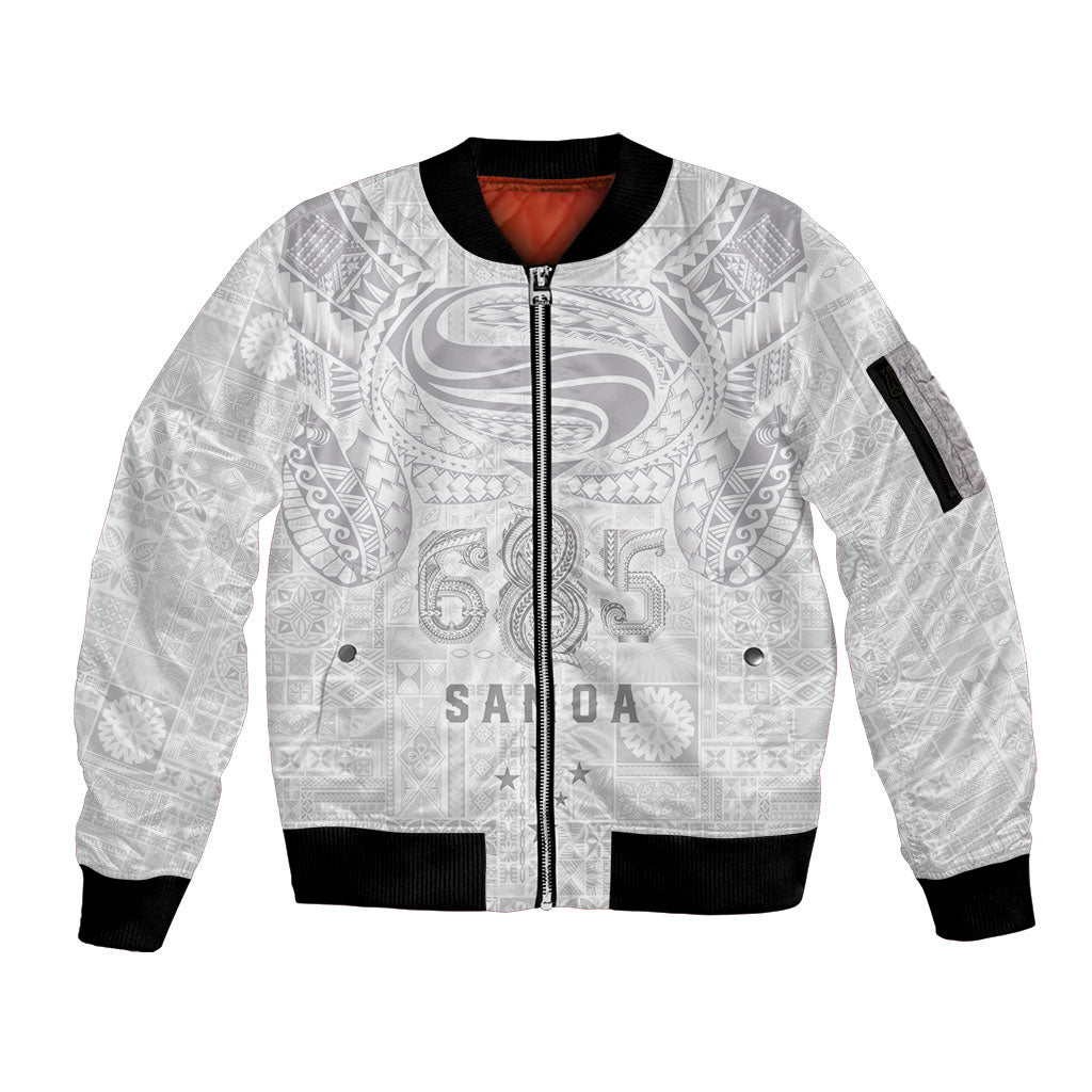 Super Samoa 685 Tribal Tattoo Sleeve Zip Bomber Jacket Siapo Pattern All-White Edition