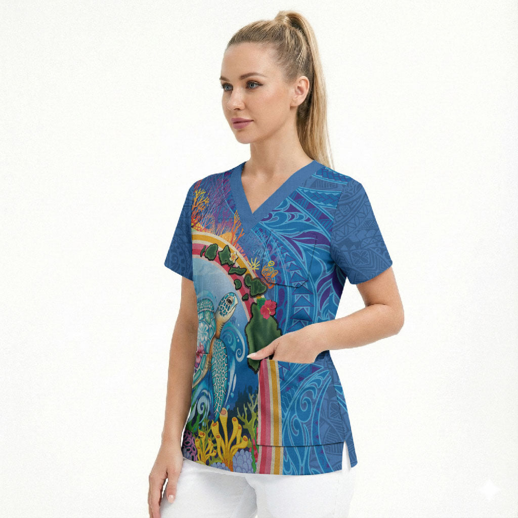 Hawaiian Connecting with the Ocean Scrub Top Polynesian Pattern LT03 - Polynesian Pride