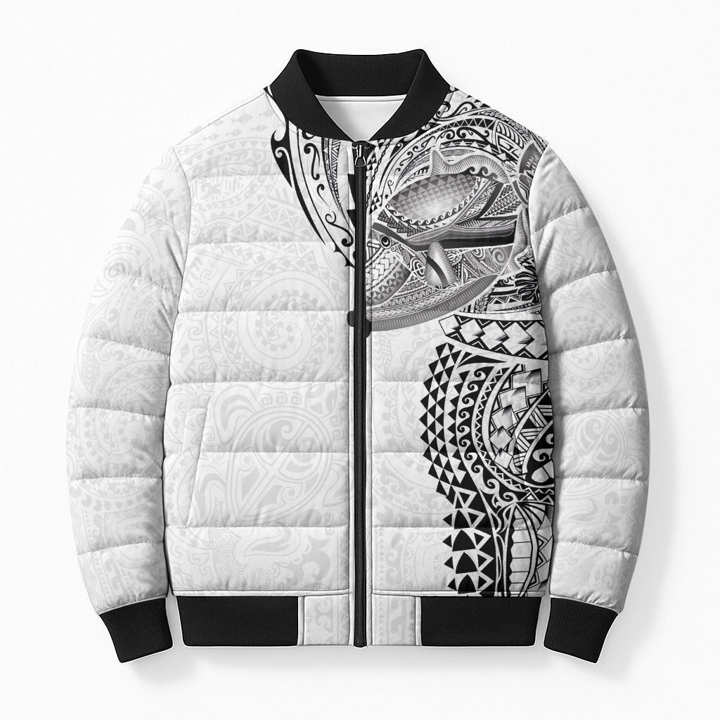 Hawaiian Humuhumu Tribal Tattoo Bomber Puffer Jacket Polynesian Kakau White Color