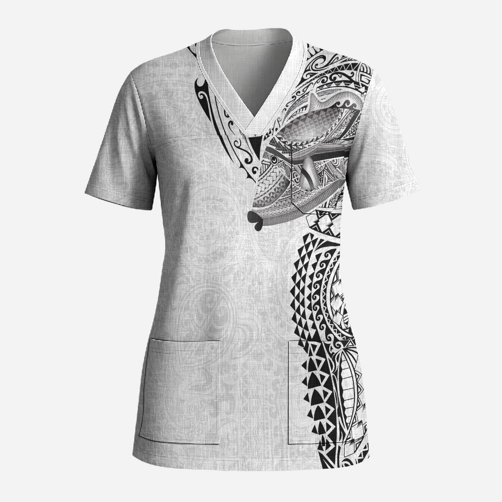 Hawaiian Humuhumu Tribal Tattoo Scrub Top Polynesian Kakau White Color LT03 Adult White - Polynesian Pride