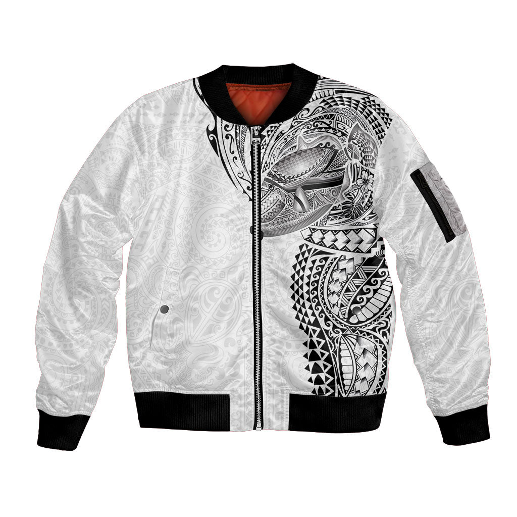 Hawaiian Humuhumu Tribal Tattoo Sleeve Zip Bomber Jacket Polynesian Kakau White Color LT03 Unisex White - Polynesian Pride