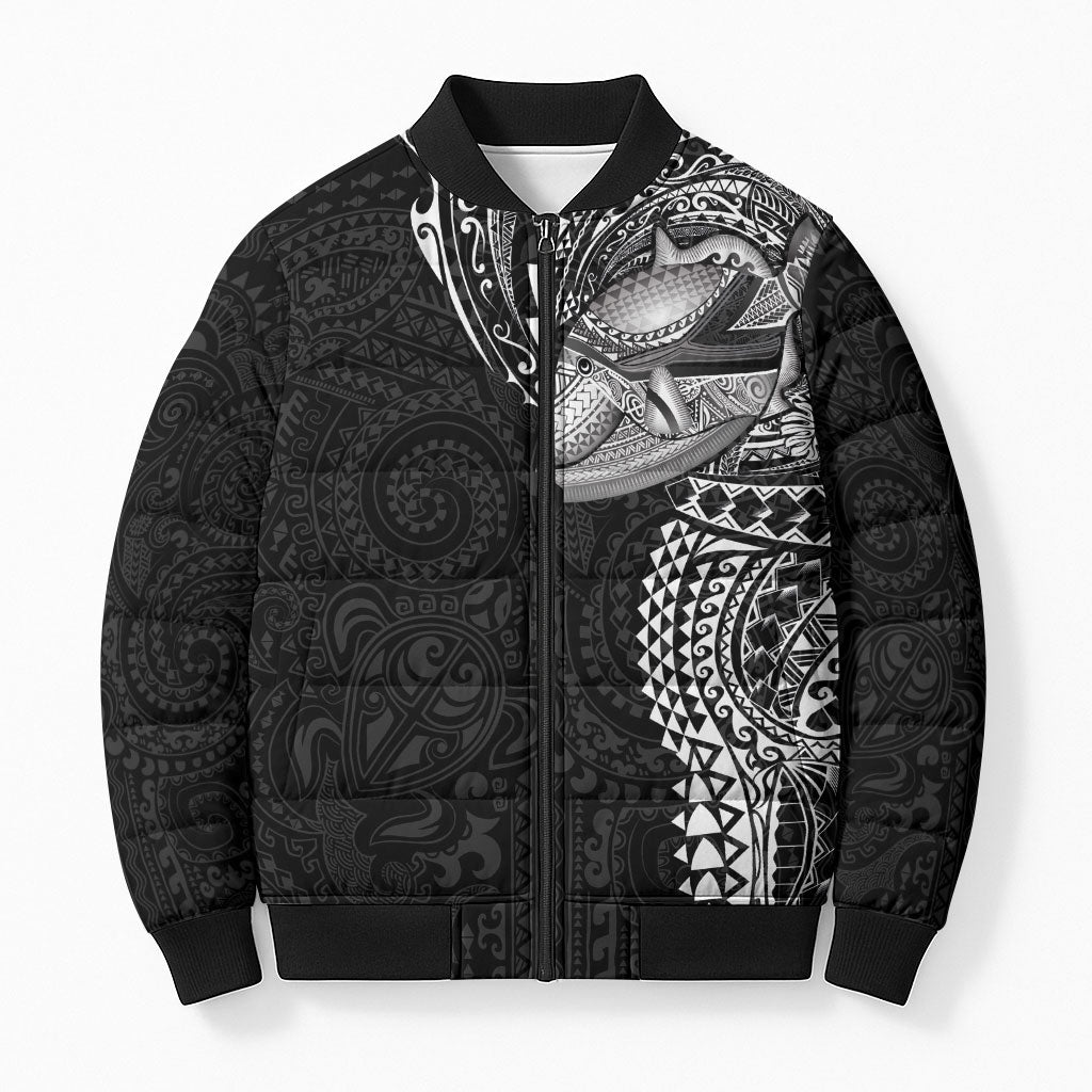 Hawaiian Humuhumu Tribal Tattoo Bomber Puffer Jacket Polynesian Kakau Black Color