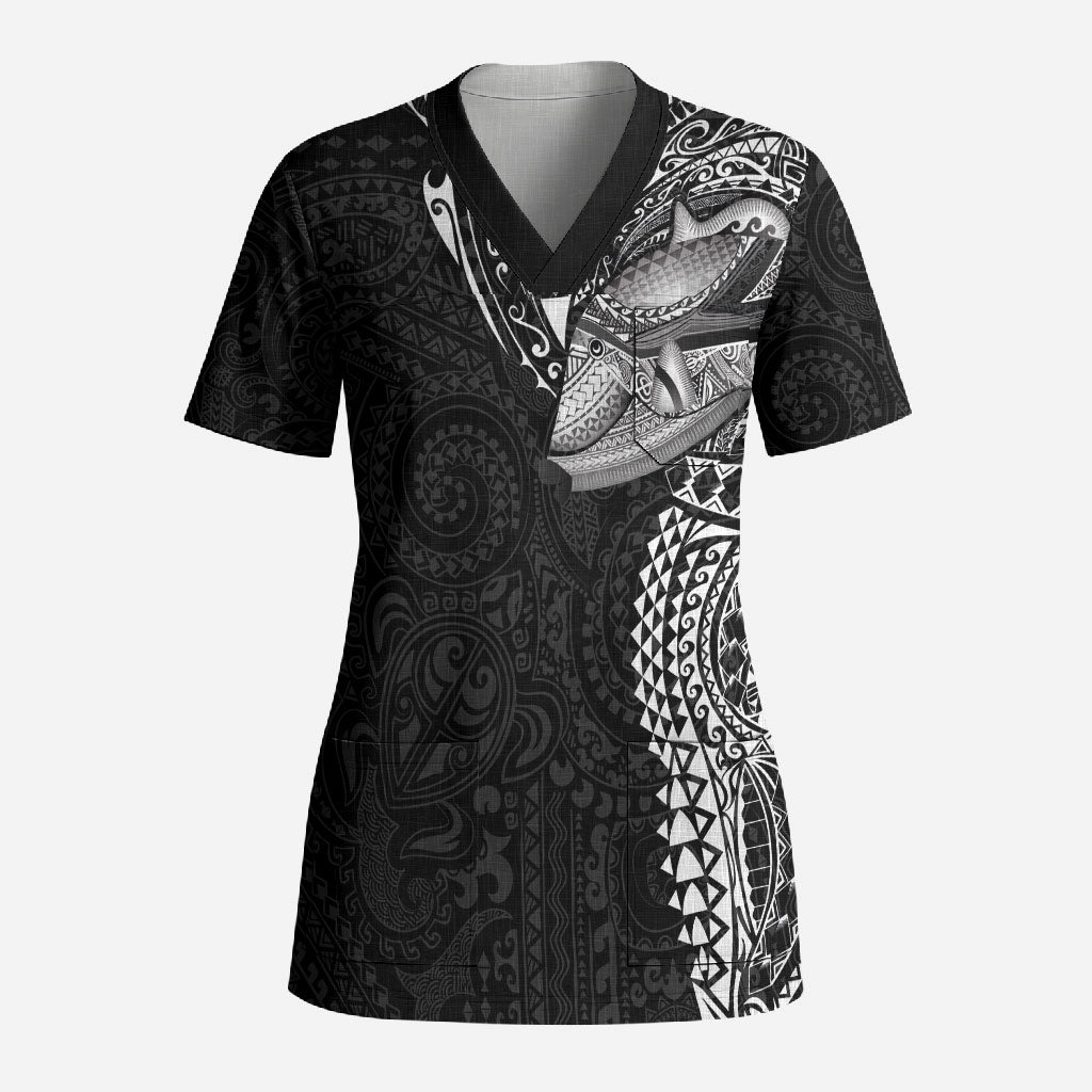 Hawaiian Humuhumu Tribal Tattoo Scrub Top Polynesian Kakau Black Color LT03 Adult Black - Polynesian Pride