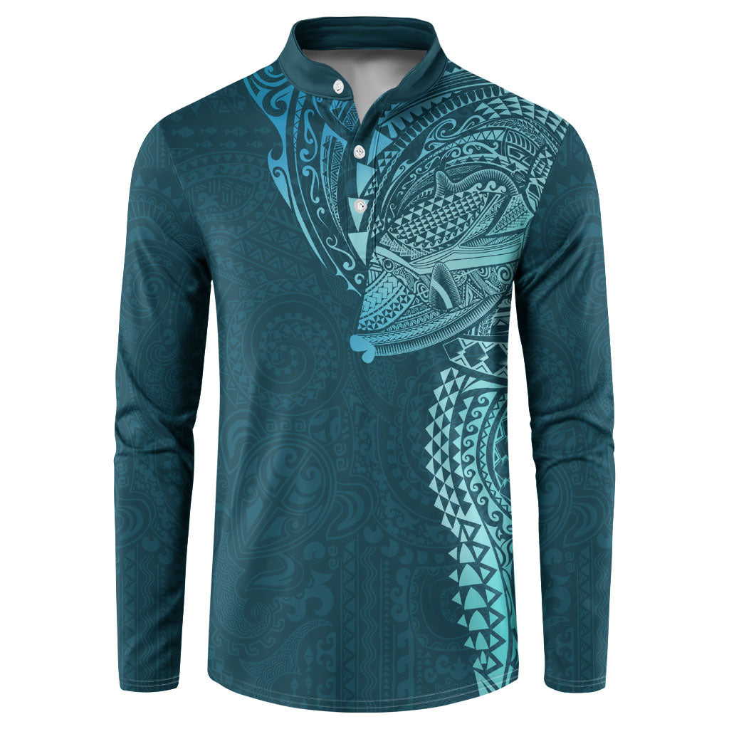 Hawaiian Humuhumu Tribal Tattoo Button Sweatshirt Polynesian Kakau Ocean Color LT03 Blue - Polynesian Pride